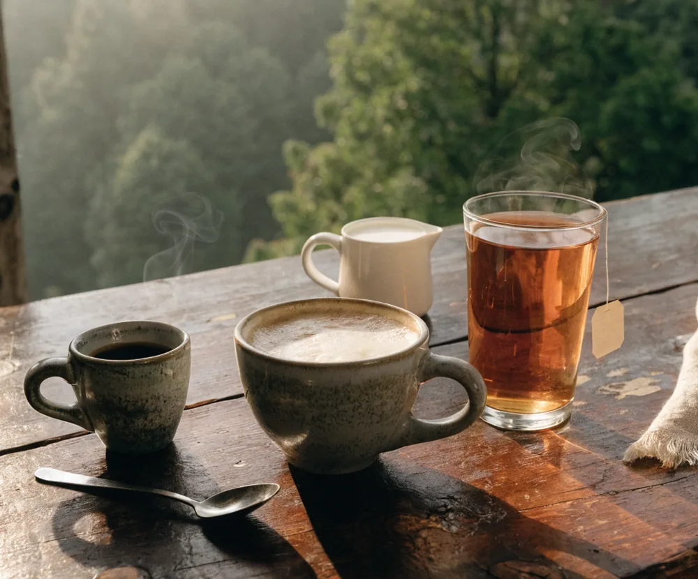 Cafea, cappuccino și ceai pe masa de lemn de pe verandă