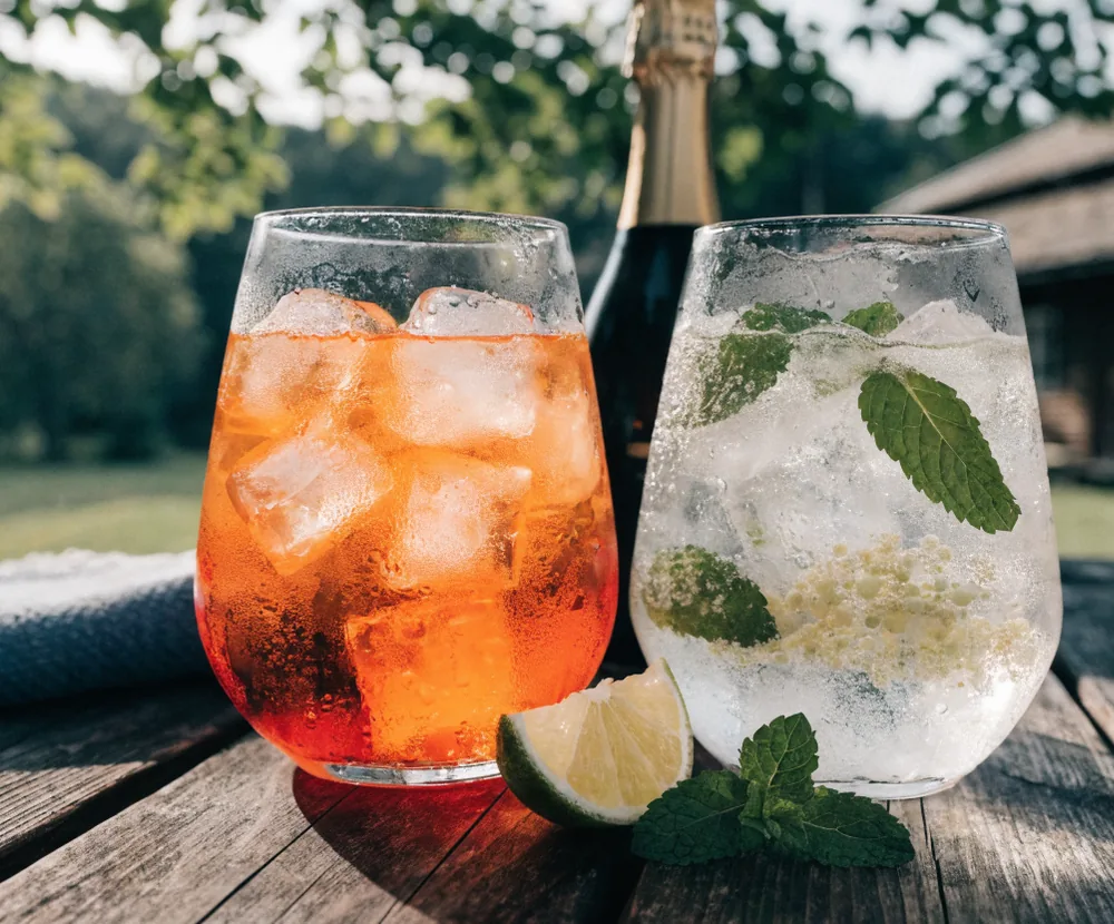 Două cocktailuri cu gheață, lime și mentă, pe masă de lemn
